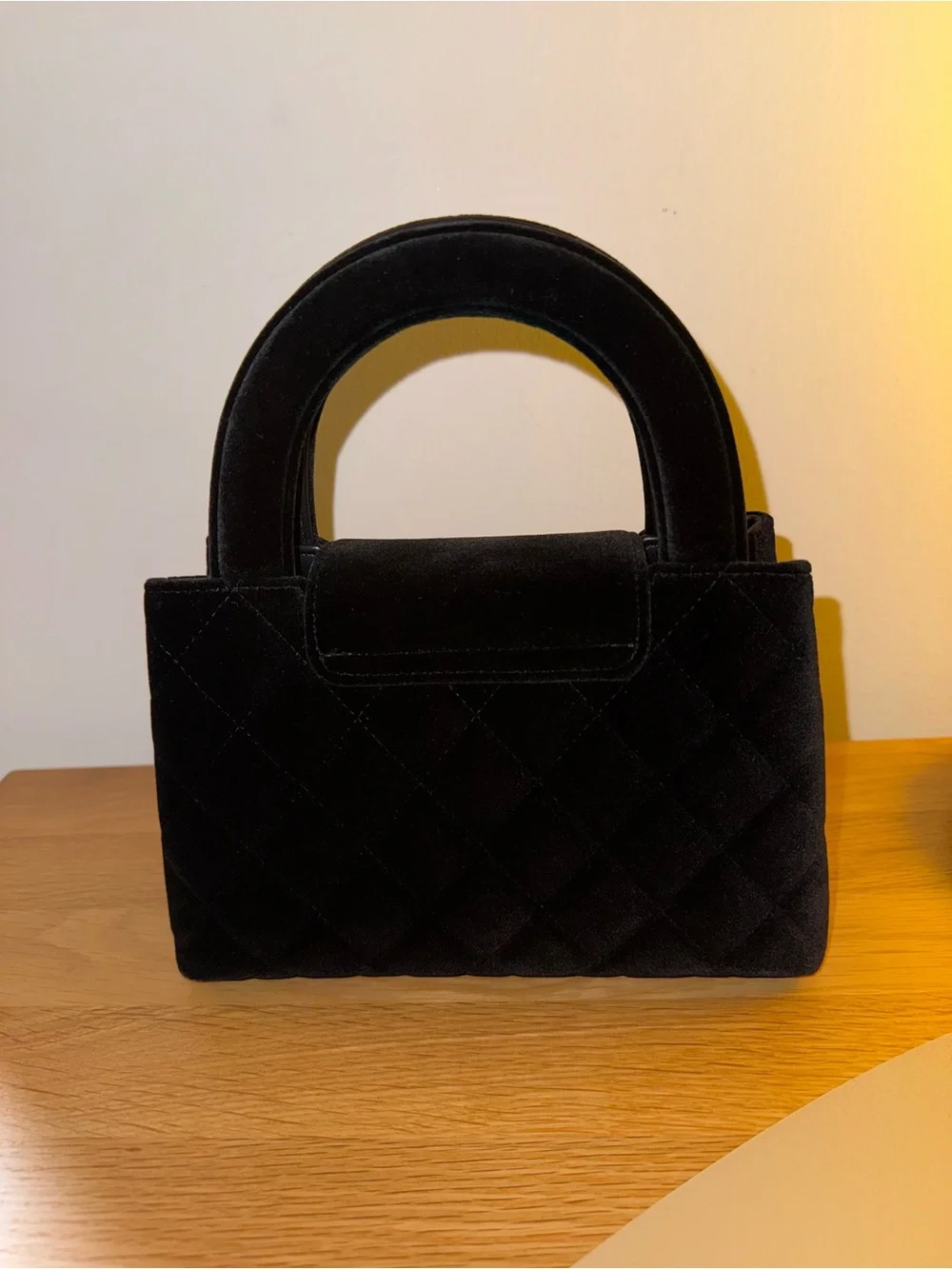 CHANEL Black Quilted Kelly Velvet Top-Handle Bag with Gold CC Hardware